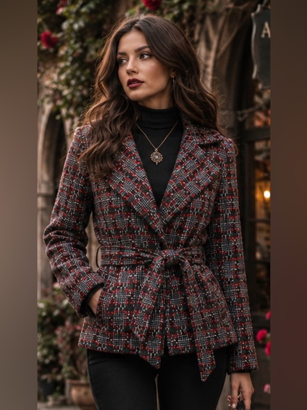 Ricoton Tweed Lapel Wrap Jacket Medium Red Black Plaid Belted Chic Whimsigoth